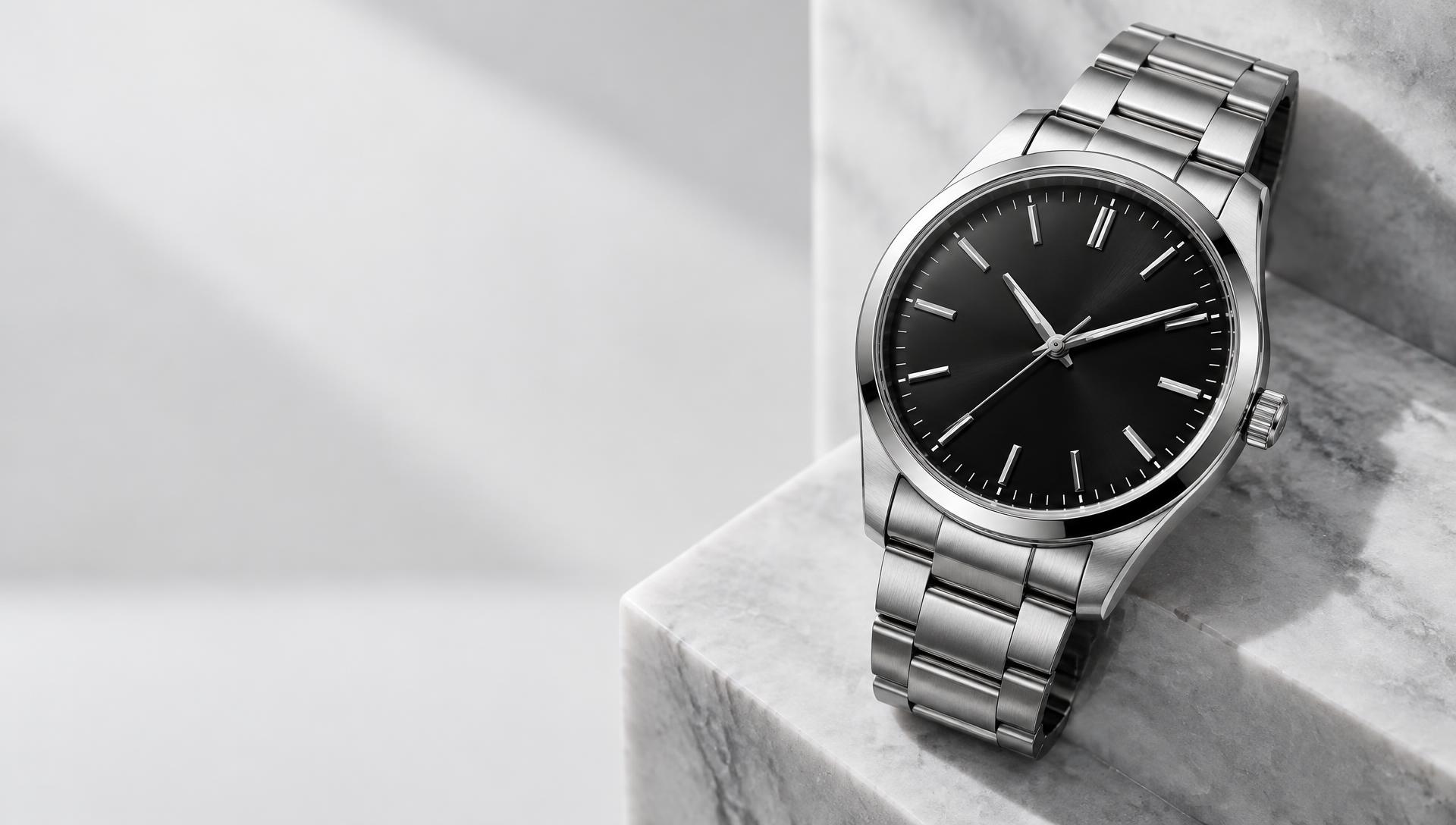 Stainless steel watch with a black dial on pale marble