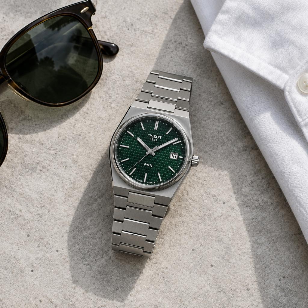 Illustrative lifestyle photo of a green-dial watch on pale stone
